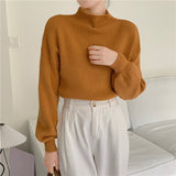 fall fashion Japan and South Korea ~ 2024 New Bottoming Half Turtleneck Solid Color Lantern Sleeve Korean Style Knitted Sweater Top for Women