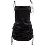 Wjczt dress to impress codes Sexy Hot Girl Backless Slimming Sling Dress French Retro Niche Pleated Drawstring Adjustable Black Dress