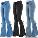 Wjczt 2000s dti Women's Jeans Mid-Waist Lace-up Denim Trousers Stretch Jeans Women's Flared Pants