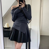 2000s fashion Autumn and Winter  Autumn and Winter New/Elegant Waist-Tight Pleated Oblique Collar Sweater 