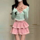 outfit 2024 Spring and Summer Vigorous Girl Lace Collar Cardigan Slim Slimming Long Sleeve Top Cake Dress Two-Piece Set