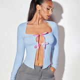 2000s fashion Women's Spring New round Neck Trapezoidal Collar Long Sleeve Bow Tied Rope Cardigan T-shirt Top