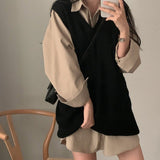 style Chic Autumn Simple All-Match V-neck Solid Color Pullover Mid-Length Knitted Vest for Women