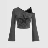 fall trends 2024 outfits INS Retro Five-Pointed Star Printed Oblique Collar Slim Bottoming Long Sleeve Sexy Slimming Temperament Top