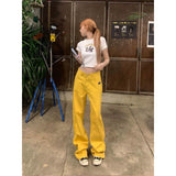 teacher outfits American-Style Pocket Embroidery Label Casual Wave Board Yellow Wide-Leg Jeans Women's Hot Girl Street Fried Street Work Mop Pants