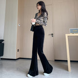 going out winter outfits Gold Velvet Flared Pants Women's Autumn and Winter Elastic Waist Horseshoe Pants Draping Loose Straight Mop Pants