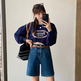 masc outfits Denim Blue Denim Shorts Women's Summer Fashionable Letter Embroidered High Waist Loose Slimming Straight Wide Leg Pants