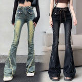 concert outfit ideas American-Style Retro Frayed Lace-up Micro-Pull Denim Trousers Women's New Hot Girl High Waist Stretch Flared Pants