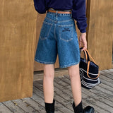 masc outfits Denim Blue Denim Shorts Women's Summer Fashionable Letter Embroidered High Waist Loose Slimming Straight Wide Leg Pants