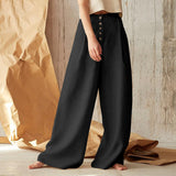 teacher outfits Women's Solid Color High Waist Casual Button Cotton Linen Wide Leg Pants