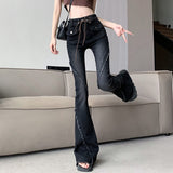 concert outfit ideas American-Style Retro Frayed Lace-up Micro-Pull Denim Trousers Women's New Hot Girl High Waist Stretch Flared Pants