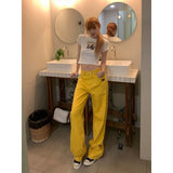 teacher outfits American-Style Pocket Embroidery Label Casual Wave Board Yellow Wide-Leg Jeans Women's Hot Girl Street Fried Street Work Mop Pants