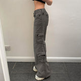 grunge outfits Hot Girl Fried Street Straight Casual Pants American Street Retro Style Irregular Large Pocket Wide Belt Design Jeans