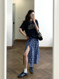 work outfits women Blue Floral Chiffon Split Skirt Women's Summer High Waist Slimming A- line Skirt Cover One Step Large Swing Long Skirt