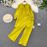 outfit ideas for school Fashion Suit Women's Spring and Autumn Korean-Style Long-Sleeved V-neck Loose Pleated Top Two-Piece High Waist Slimming Wide-Leg Pants