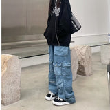 90s streetwear  Women's Fashionable All-Match Japanese Jeans Zipper Light Color Washed Overalls Trousers Simple New