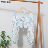 outfit Floral Halter Lace-up off-Shoulder Puff Sleeve Shirt Women's Spring Short Waist Tube Top 