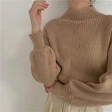 fall fashion Japan and South Korea ~ 2024 New Bottoming Half Turtleneck Solid Color Lantern Sleeve Korean Style Knitted Sweater Top for Women