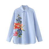 outfit inspo 24482 Women's Clothing 2024 Autumn New Cotton Striped Flower Fashion Long Sleeve Lapel Shirt