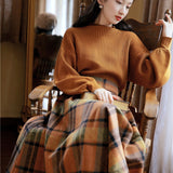 skater boy outfits Half Turtleneck Brown Lantern Long Sleeve Sweater + Plaid Woolen Skirt Suit Retro Two-Piece Set