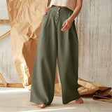 teacher outfits Women's Solid Color High Waist Casual Button Cotton Linen Wide Leg Pants