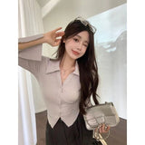 business casual outfits Pure Desire Style Slim-Fit Polo Collar Long-Sleeved Shirt Spring and Autumn Hot Girl Slimming Design Sense Niche Bell Sleeve Short Top