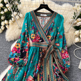 party dresses Retro Western Style Fashionable Printed Design Sense One-Piece Tight Waist Lace-up Large Swing Long Sleeve French Style Dress Women