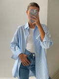 masc outfits Autumn New Blue Striped Shirt Top Simple Advanced Sense Street Long Sleeve Cardigan