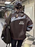 90s streetwear Niche Badblo * D American Embroidery Vintage Stitching Loose Jacket Leather Coat