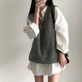 style Chic Autumn Simple All-Match V-neck Solid Color Pullover Mid-Length Knitted Vest for Women