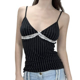 2000s fashion Style Personalized Black and White Striped Lace Stitching V-neck Camisole Hot Girl Back Inner Top