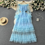 prom dresses French Style High-Grade Ruffled Mesh Cake Dress Women's Waist Slimming Temperament off-Shoulder Super Fairy Long Skirt