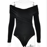 black sweater dress outfit Ins2024 Sexy Fashion V-neck off-Shoulder Stitching Long Sleeve Solid Color Slim Jumpsuit