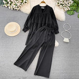 outfit ideas for school Fashion Suit Women's Spring and Autumn Korean-Style Long-Sleeved V-neck Loose Pleated Top Two-Piece High Waist Slimming Wide-Leg Pants