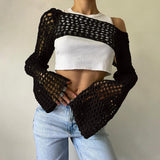 2000s fashion Sexy Hollow Sweater Solid Color round Neck Long Sleeve Knitted Blouse New