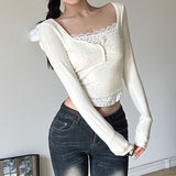 picture day outfit Fake Two-Piece Floral Lace Long-Sleeved T-shirt Female Niche Hot Girl Slim Pullover Square Collar Bottoming Shirt Short Top Autumn