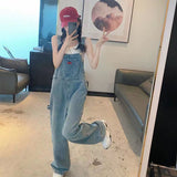 outfit ideas Design Sense Spring and Summer Embroidered Wear Denim Suspender Pants Women's Salt Retro Small Tooling High Waist Straight Jumpsuit