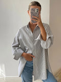 masc outfits Autumn New Blue Striped Shirt Top Simple Advanced Sense Street Long Sleeve Cardigan