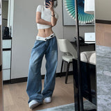 Wjczt y2k outfits American Retro Jeans Design Waist Head Flanging Loose Wide-Leg Pants Simple Casual Straight Pants Ins