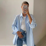 masc outfits Autumn New Blue Striped Shirt Top Simple Advanced Sense Street Long Sleeve Cardigan