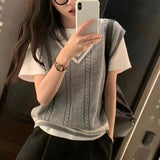 winter outfits Preppy Style Contrast Color V-neck Knitted Vest Women's Clothing Autumn New Design Sleeveless Sweater Vest Top Outer Wear