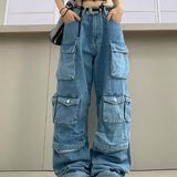 Wjczt 90s streetwear  Women's Fashionable All-Match Japanese Jeans Zipper Light Color Washed Overalls Trousers Simple New