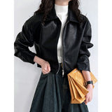 barn jacket outfits Luxi Cool Handsome High Sense ~ Lapel Leather Coat Women's Spring and Autumn Hong Kong Style PU Leather Jacket Motorcycle Top Trendy 9595