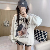 90s streetwear Cat Print Fleece-lined round Neck Sweater for Women Autumn New Loose Lazy Style White Gray Student Blouse