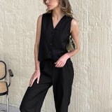 fashion Early Autumn New Cotton and Linen Suit V-neck Suit Vest High Waist Straight Pants Elegant Casual Women