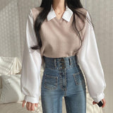 outfit Fake Two-Piece T-shirt for Women 2024 New Stitching Polo Collar Long-Sleeved Sweater Chubby Girl Loose Contrast Color All-Match Top Fashion