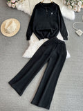 outfit ideas for school Fashion Suit Women's Korean-Style Long-Sleeved Lapel Loose Sweater Sweater Two-Piece Casual High Waist Straight Wide Leg Pants