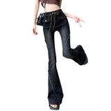 concert outfit ideas American-Style Retro Frayed Lace-up Micro-Pull Denim Trousers Women's New Hot Girl High Waist Stretch Flared Pants