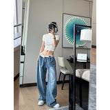 Wjczt y2k outfits American Retro Jeans Design Waist Head Flanging Loose Wide-Leg Pants Simple Casual Straight Pants Ins