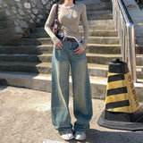 90s streetwear Jinyin American Retro High Waist Distressed Loose Wide Leg Pants Early Autumn New Straight Jeans Trousers Lengthened